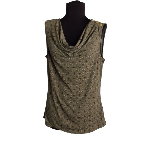 Michael Kors Size M Tank Top Sleeveless Cowl Neck Gold Button Detail Green Brown - Picture 1 of 9